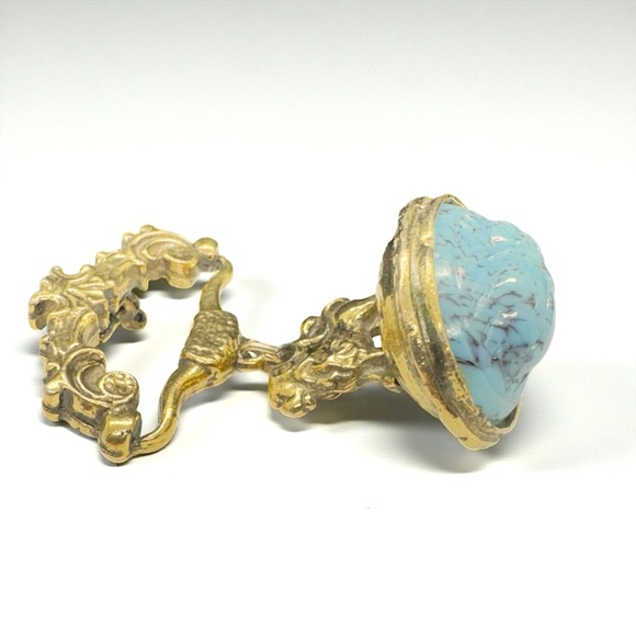 Vintage Etruscan Style Lion & Faux Turquoise Scarab Drop Brooch - Picture 5 of 7